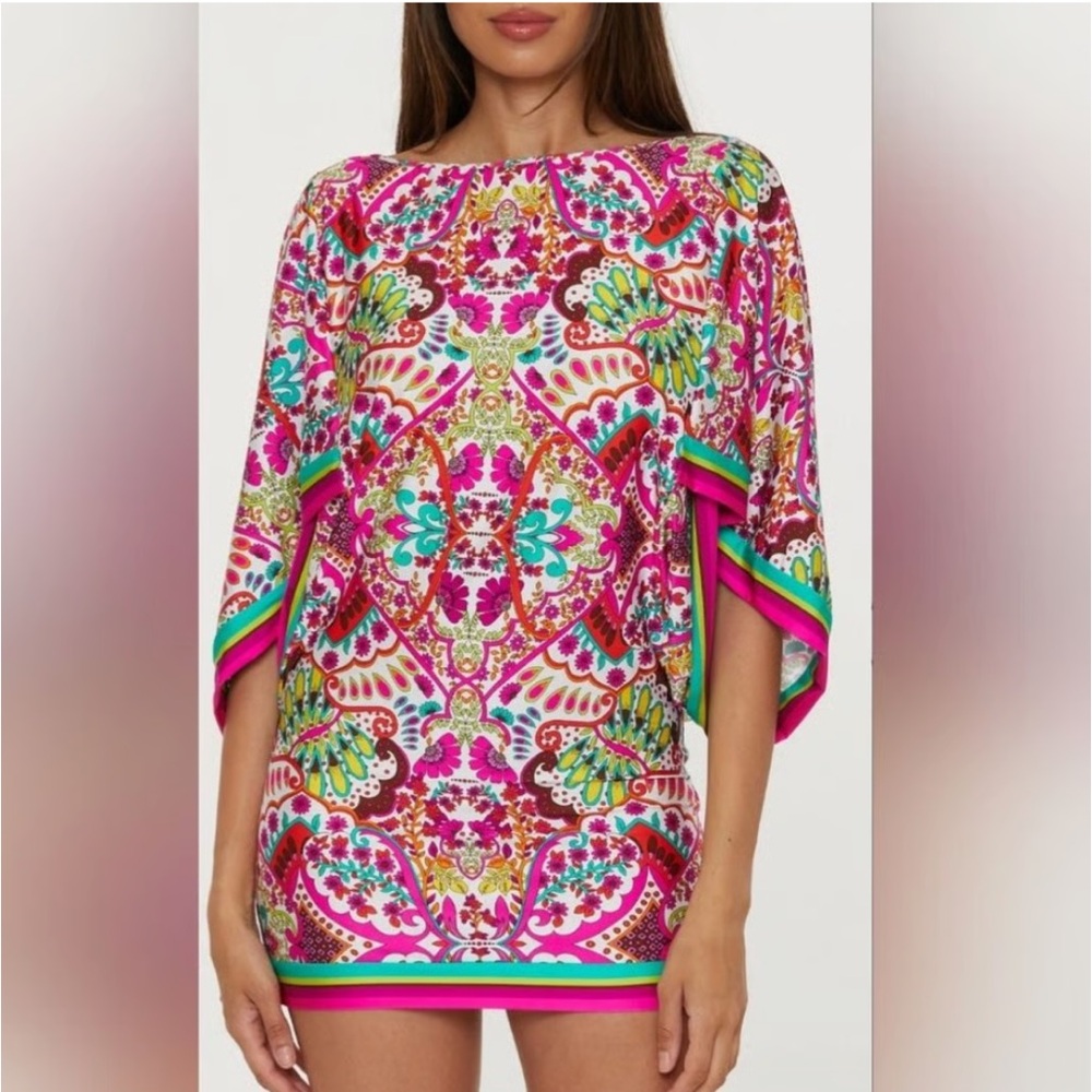 Trina Turk NWT Pink & Green Hawaiian Garden Boatneck Tunic Swim Cover Mini Dress - Picture 8 of 16